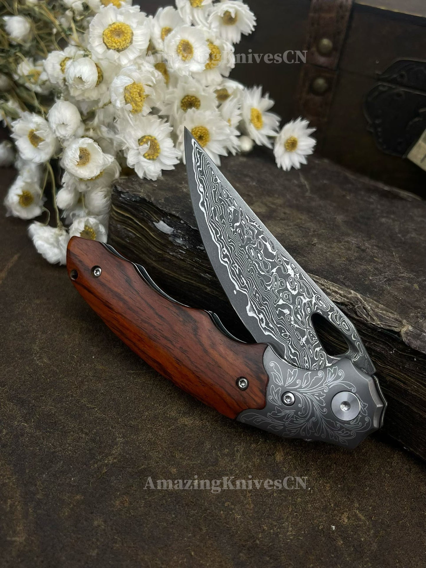Handmade 78-Layer Damascus Steel Pocket Knife Rosewood Handle Ball Bearing Pivot - AK-HT1004