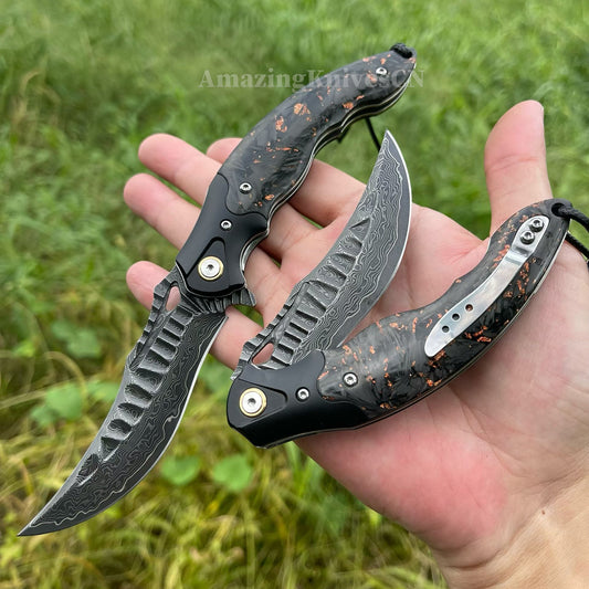 "Abyss" Folding Knife – VG10 Damascus Steel, Carbon Fiber Handle, Ball Bearing Pivot, Collector’s Edition - AK-HT1003