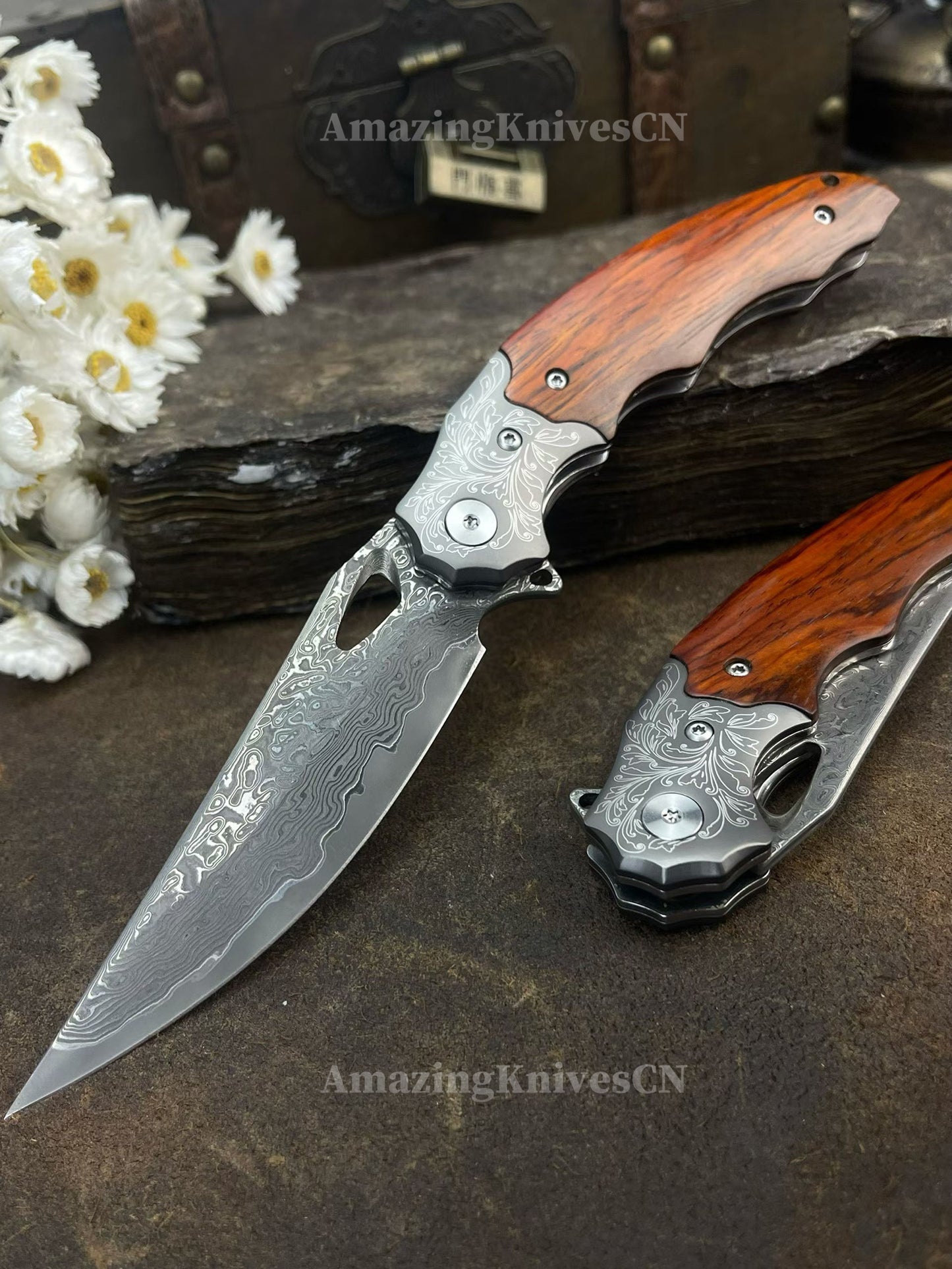 Handmade 78-Layer Damascus Steel Pocket Knife Rosewood Handle Ball Bearing Pivot - AK-HT1004