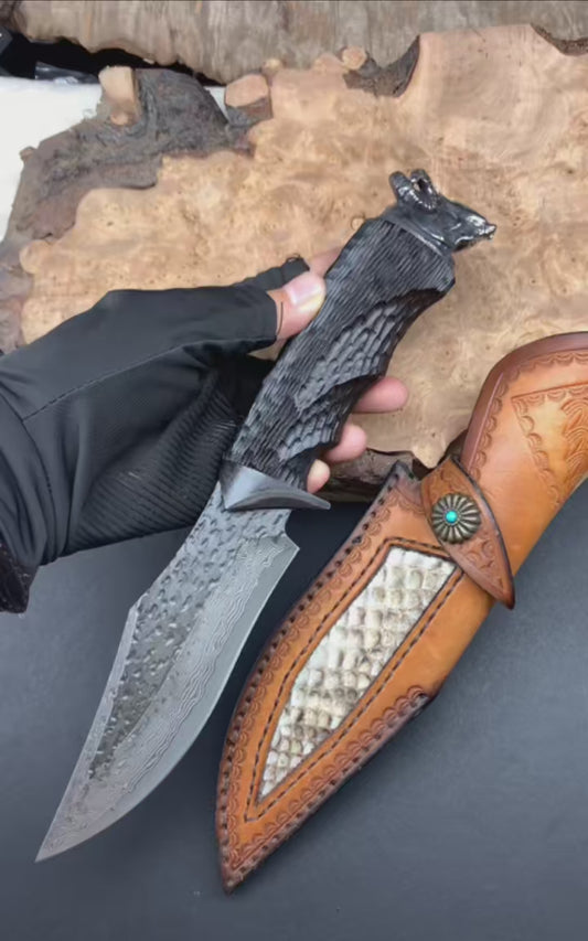 Forged VG10 Damascus Steel Hunting Knife Survival Knife Bowie Black Goat Head - AK-HT0731-D