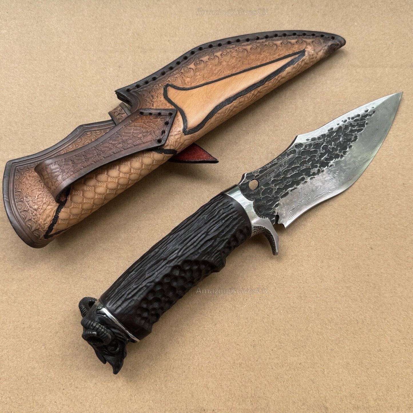 Damascus Fixed Blade VG10 Hunting Knife Art Handcrafted Knife Goat Black- AK-HT0473