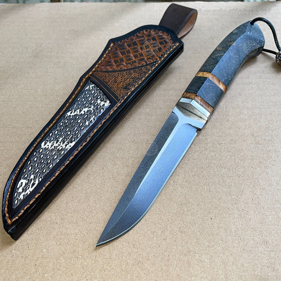 Wootz Steel Hunting Knife with Leather Sheath - AK-HT0775
