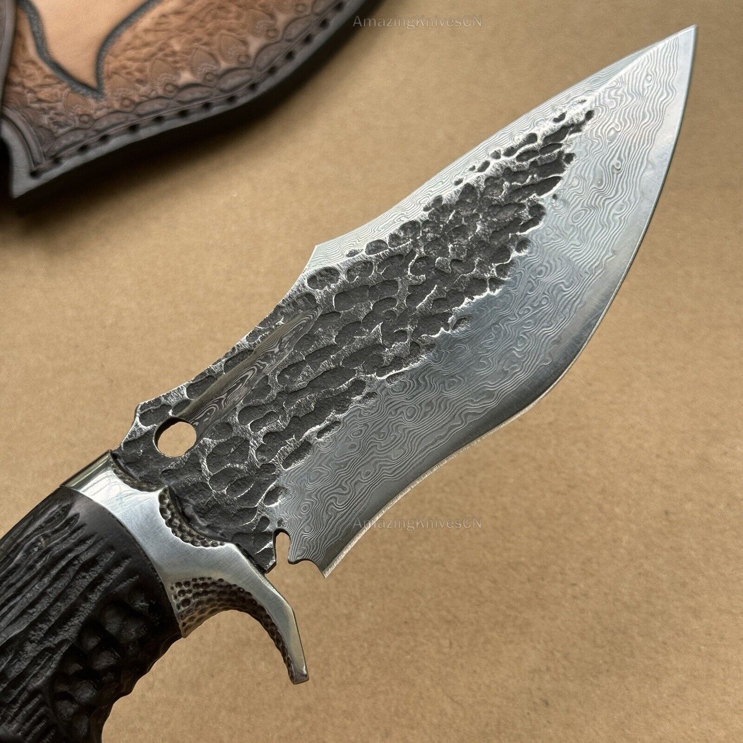 Damascus Fixed Blade VG10 Hunting Knife Art Handcrafted Knife Goat Black- AK-HT0473