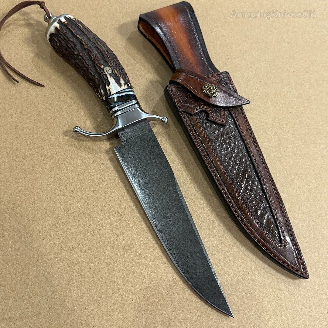 Wootz Steel Survival Bowie Hunting Knife Fixed Blade Stag Horn Handle w/ Sheath - AK-HT0879