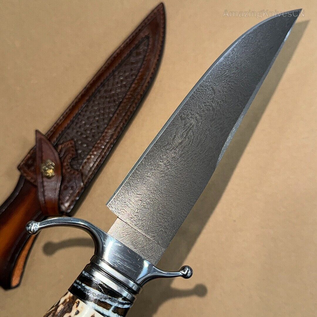 Wootz Steel Survival Bowie Hunting Knife Fixed Blade Stag Horn Handle w/ Sheath - AK-HT0879