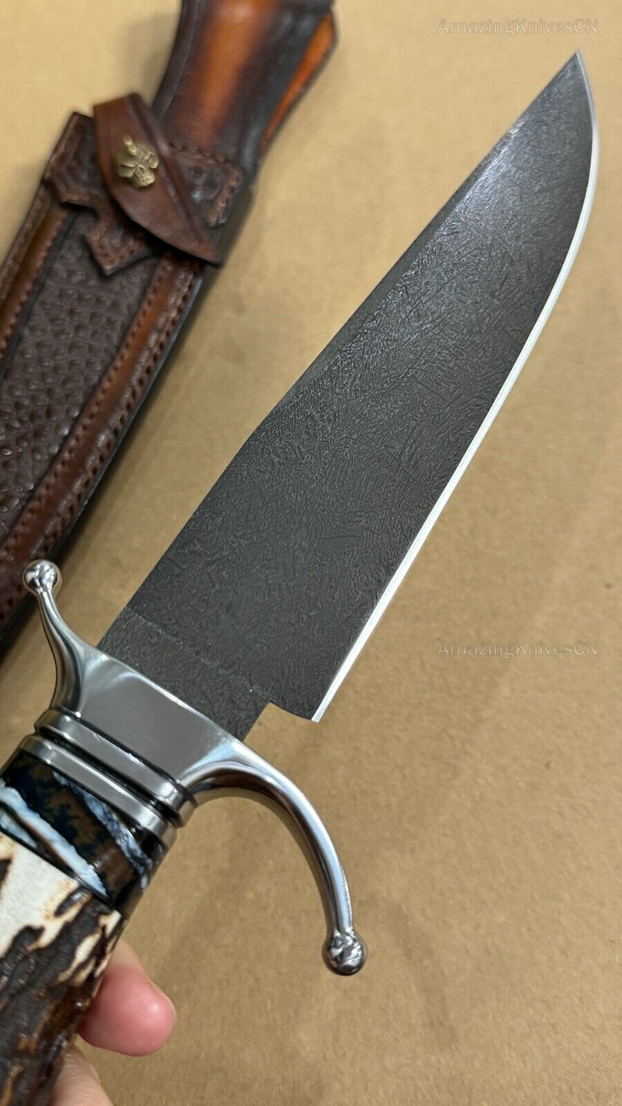 Wootz Steel Survival Bowie Hunting Knife Fixed Blade Stag Horn Handle w/ Sheath - AK-HT0879