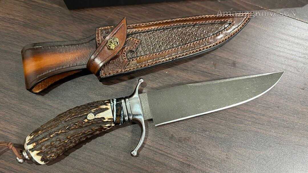 Wootz Steel Survival Bowie Hunting Knife Fixed Blade Stag Horn Handle w/ Sheath - AK-HT0879