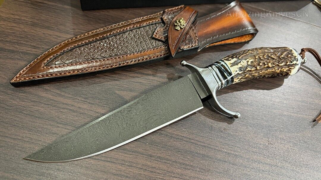 Wootz Steel Survival Bowie Hunting Knife Fixed Blade Stag Horn Handle w/ Sheath - AK-HT0879