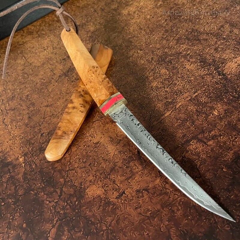 Japanese Style Mini Katana Knife Fixed Blade Damascus Steel Wooden Handle - AK-HT0886-D