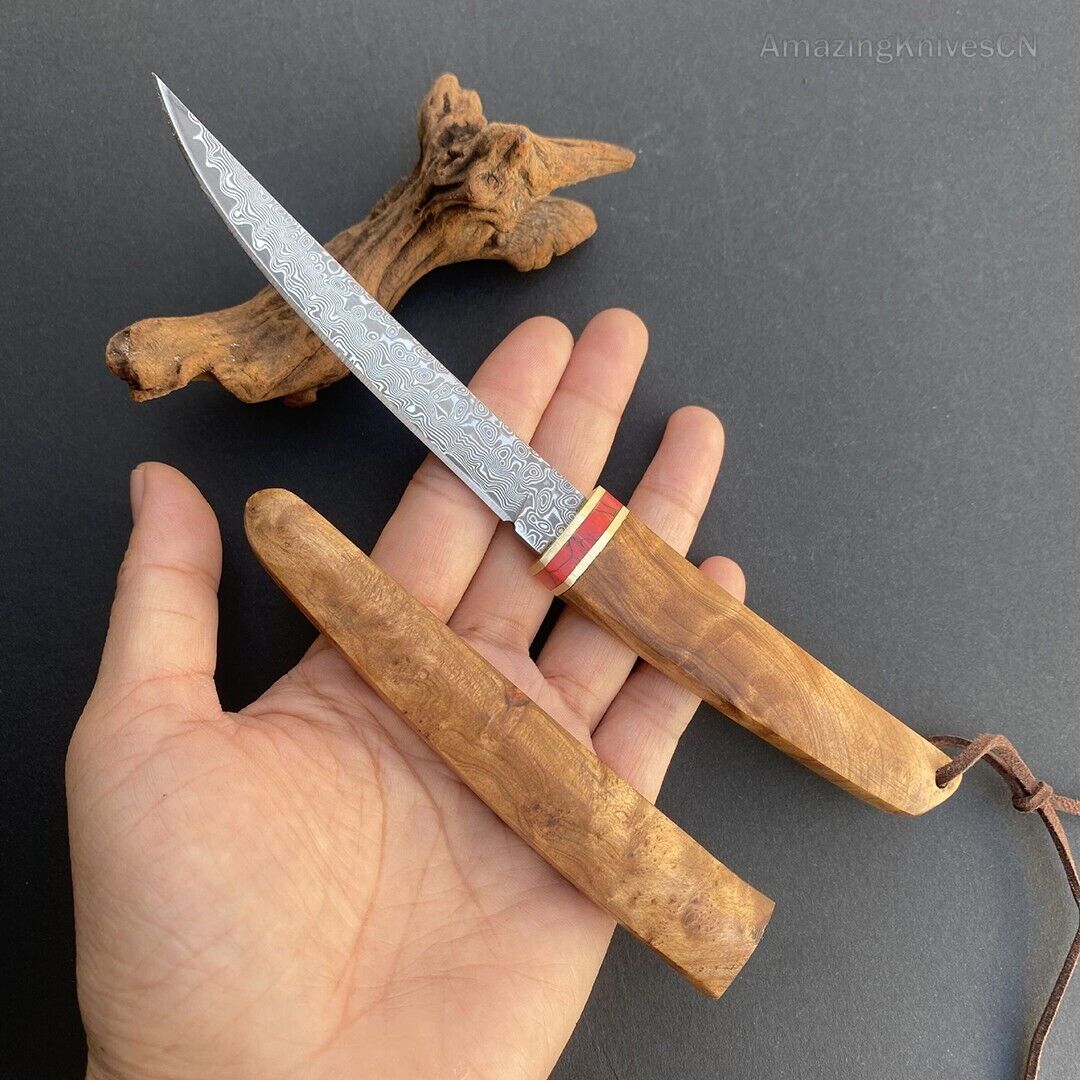 Japanese Style Mini Katana Knife Fixed Blade Damascus Steel Wooden Handle - AK-HT0886-D