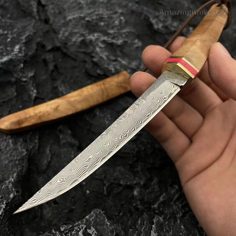 Japanese Style Mini Katana Knife Fixed Blade Damascus Steel Wooden Handle - AK-HT0886-D