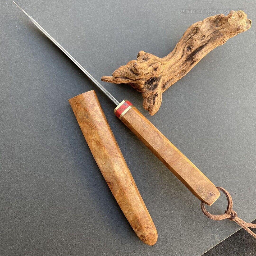 Japanese Style Mini Katana Knife Fixed Blade Damascus Steel Wooden Handle - AK-HT0886-D