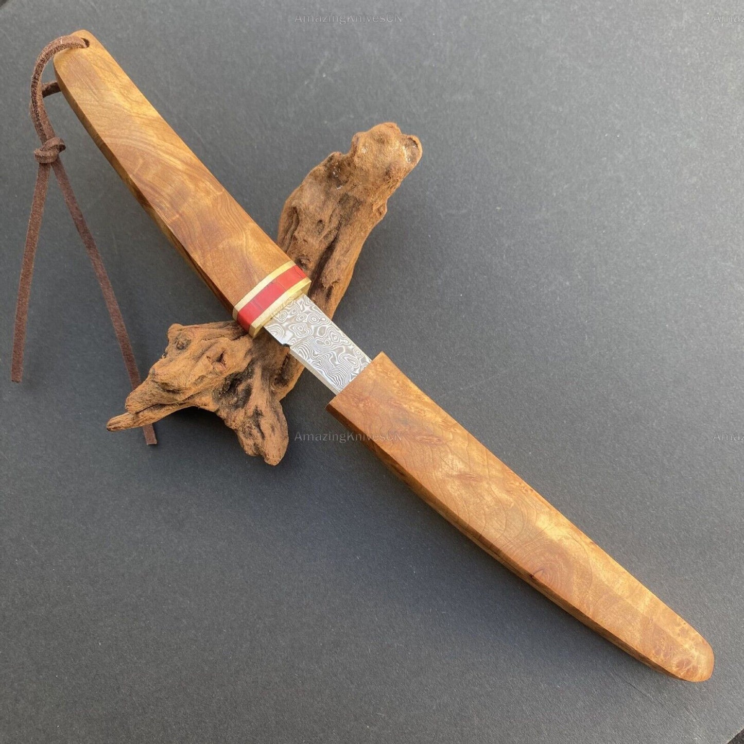 Japanese Style Mini Katana Knife Fixed Blade Damascus Steel Wooden Handle - AK-HT0886-D