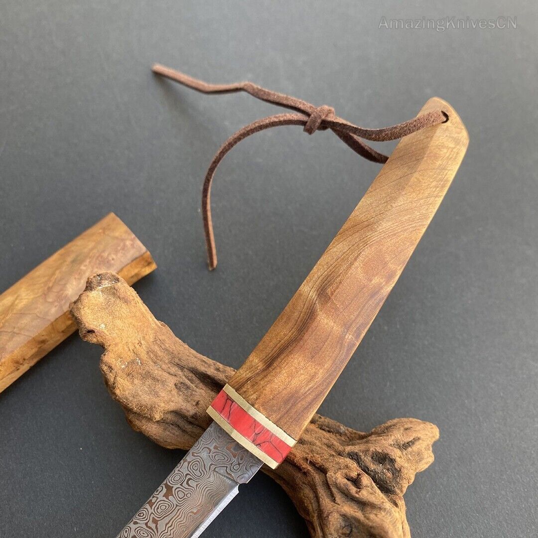 Japanese Style Mini Katana Knife Fixed Blade Damascus Steel Wooden Handle - AK-HT0886-D