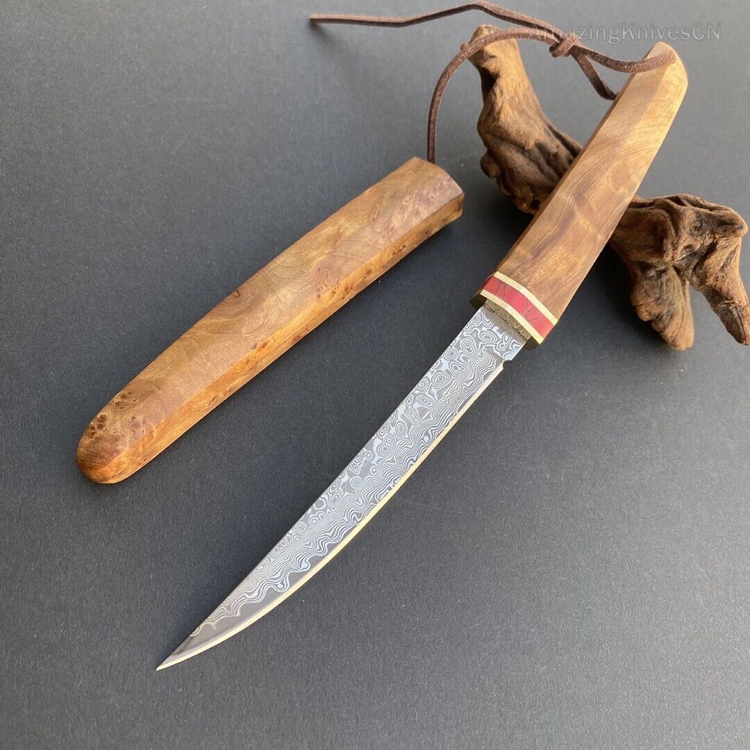 Japanese Style Mini Katana Knife Fixed Blade Damascus Steel Wooden Handle - AK-HT0886-D