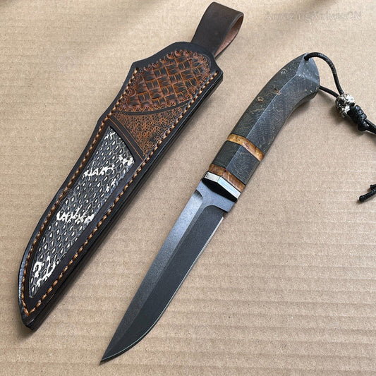Wootz Steel Hunting Knife with Leather Sheath - AK-HT0775