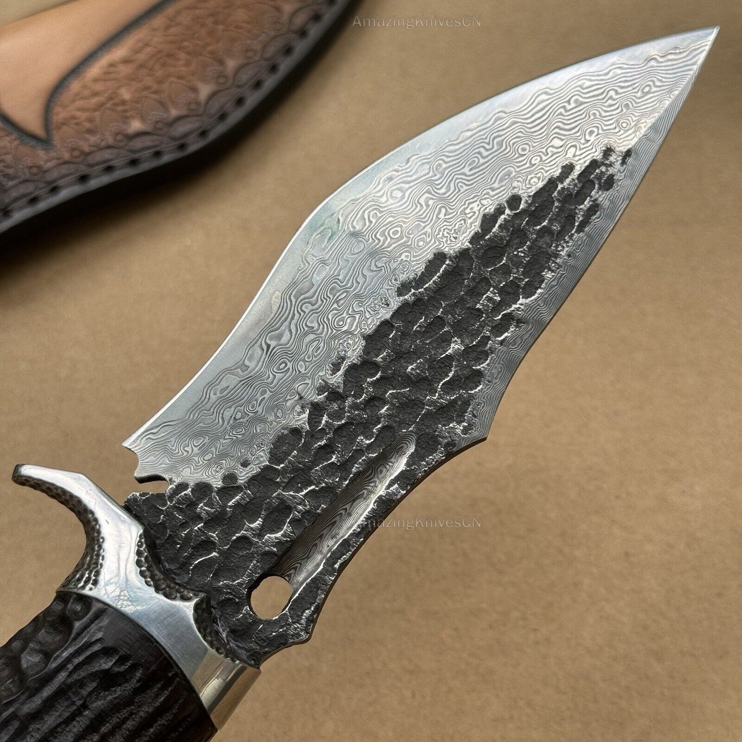 Damascus Fixed Blade VG10 Hunting Knife Art Handcrafted Knife Goat Black- AK-HT0473