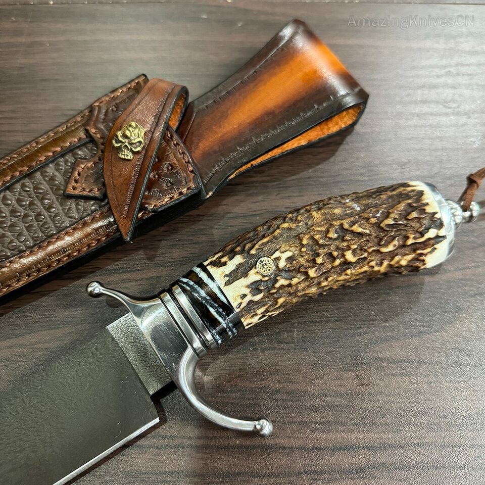 Wootz Steel Survival Bowie Hunting Knife Fixed Blade Stag Horn Handle w/ Sheath - AK-HT0879