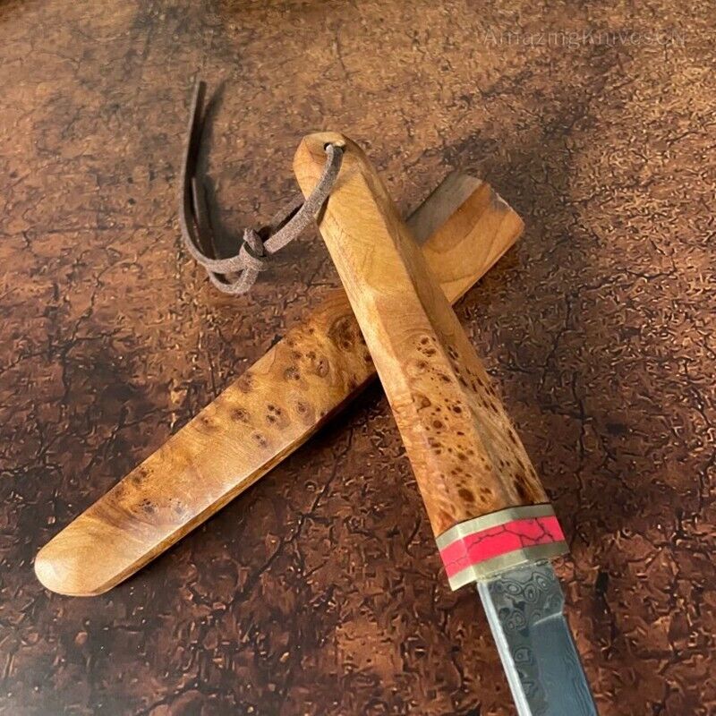 Japanese Style Mini Katana Knife Fixed Blade Damascus Steel Wooden Handle - AK-HT0886-D