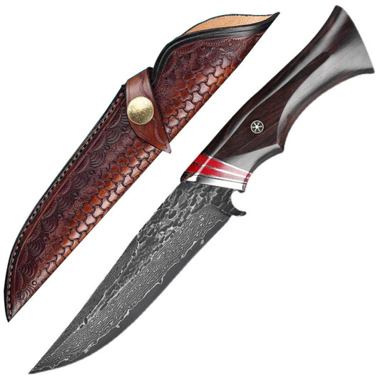 VG10 Damascus Hunting Knife Camping Survival Fixed Blade Bone Ebony Wood Black- AK-HT0370-B