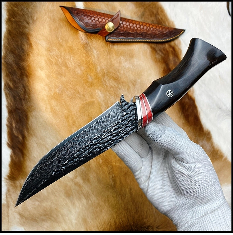 VG10 Damascus Hunting Knife Camping Survival Fixed Blade Bone Ebony Wood Black- AK-HT0370-B