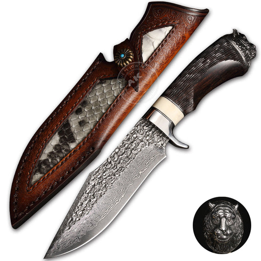 Vg10 Hunting Knife Fixed Blade Damascus Steel Handcrafted Tiger Head -AK-HT0809