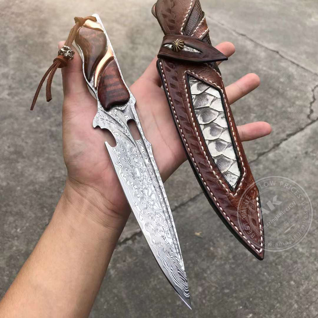 Japanese VG10 Damascus Steel Survival Hunting Knife Tactical Blood Grooved Full Tang - AK-HT0302