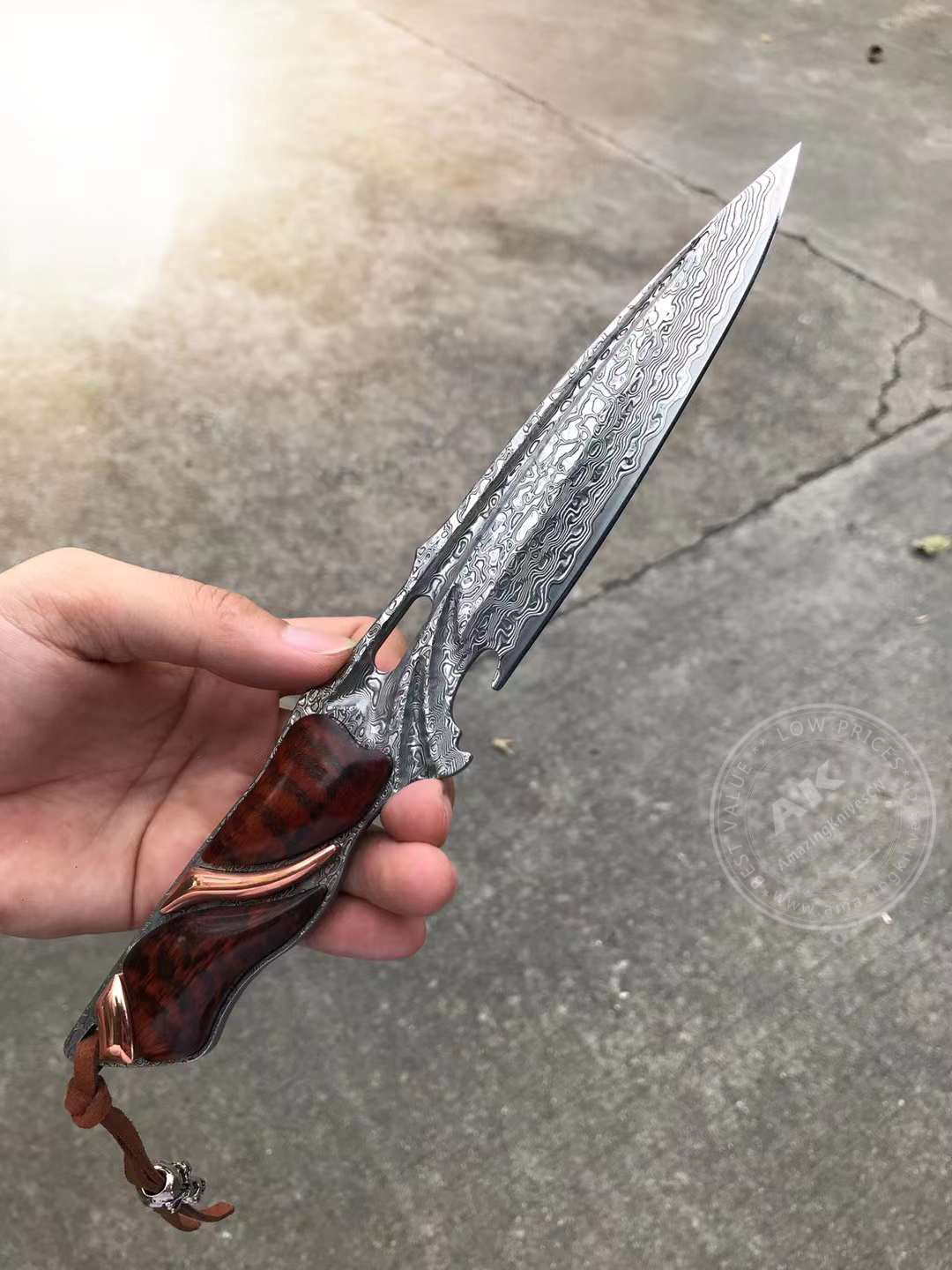 Japanese VG10 Damascus Steel Survival Hunting Knife Tactical Blood Grooved Full Tang - AK-HT0302