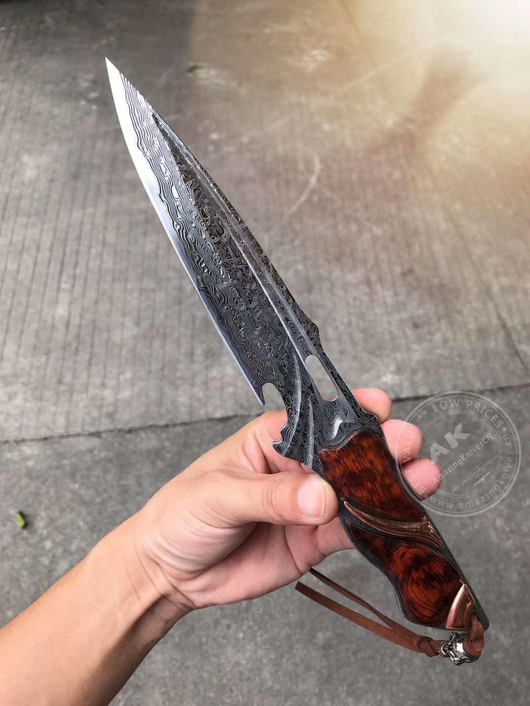 Japanese VG10 Damascus Steel Survival Hunting Knife Tactical Blood Grooved Full Tang - AK-HT0302