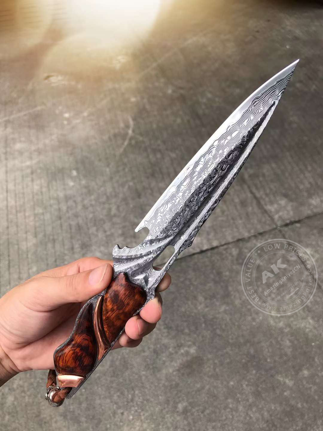 Japanese VG10 Damascus Steel Survival Hunting Knife Tactical Blood Grooved Full Tang - AK-HT0302