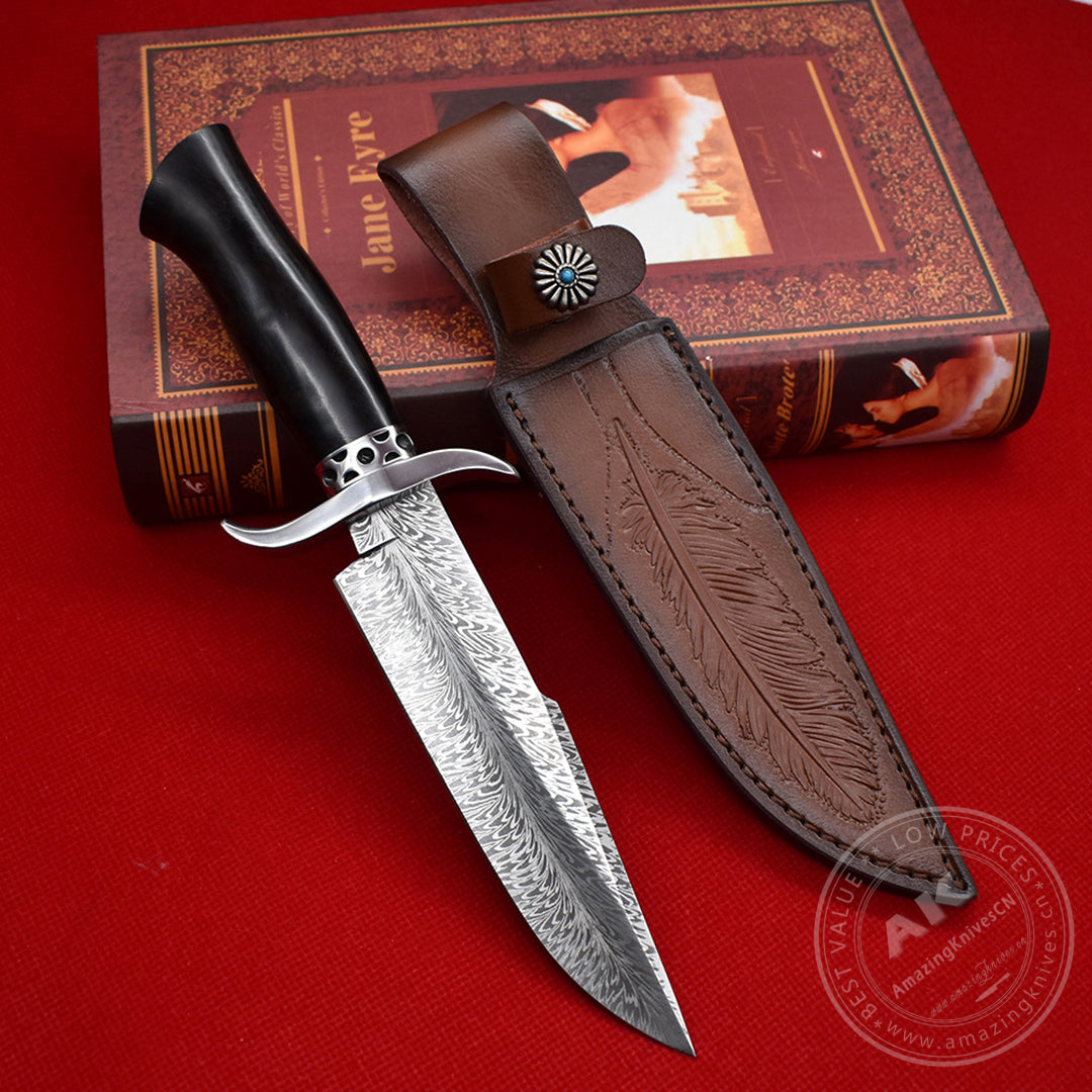 Stainless Steel Hunting Knife Feather Pattern Survival Fixed Blade Bowie - AK-HT0498-B
