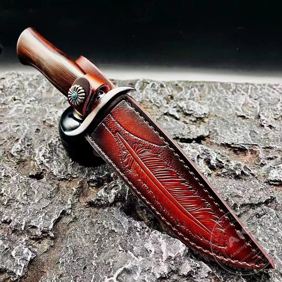 Stainless Steel Hunting Knife Feather Pattern Survival Fixed Blade Bowie - AK-HT0498-B