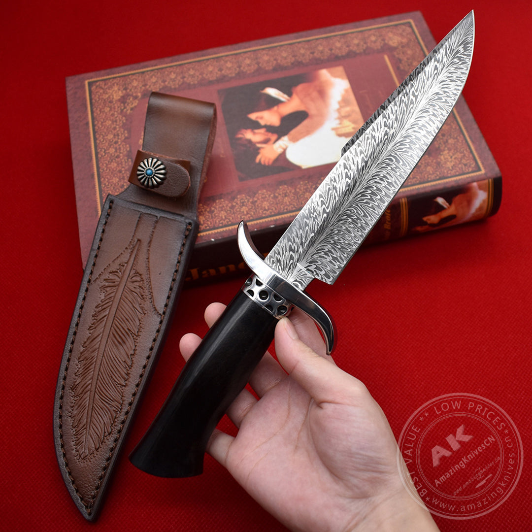 Stainless Steel Hunting Knife Feather Pattern Survival Fixed Blade Bowie - AK-HT0498-B