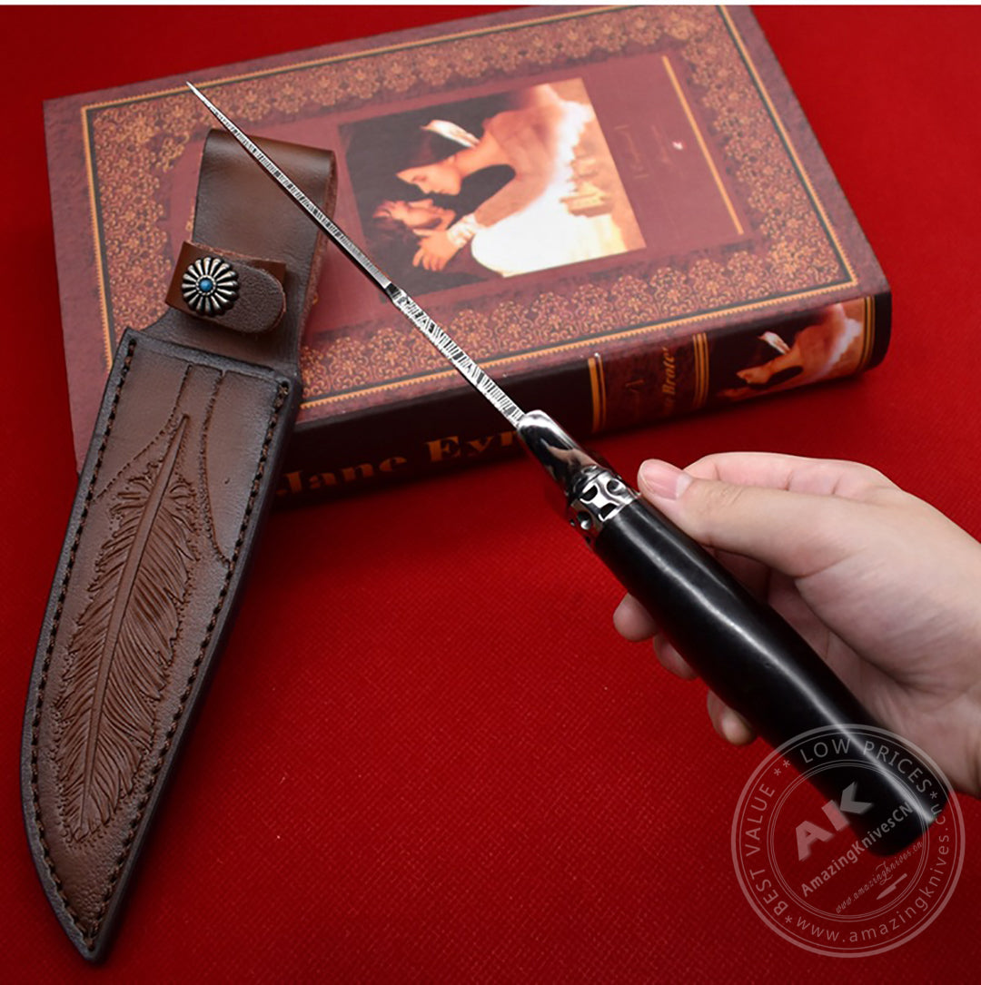 Stainless Steel Hunting Knife Feather Pattern Survival Fixed Blade Bowie - AK-HT0498-B