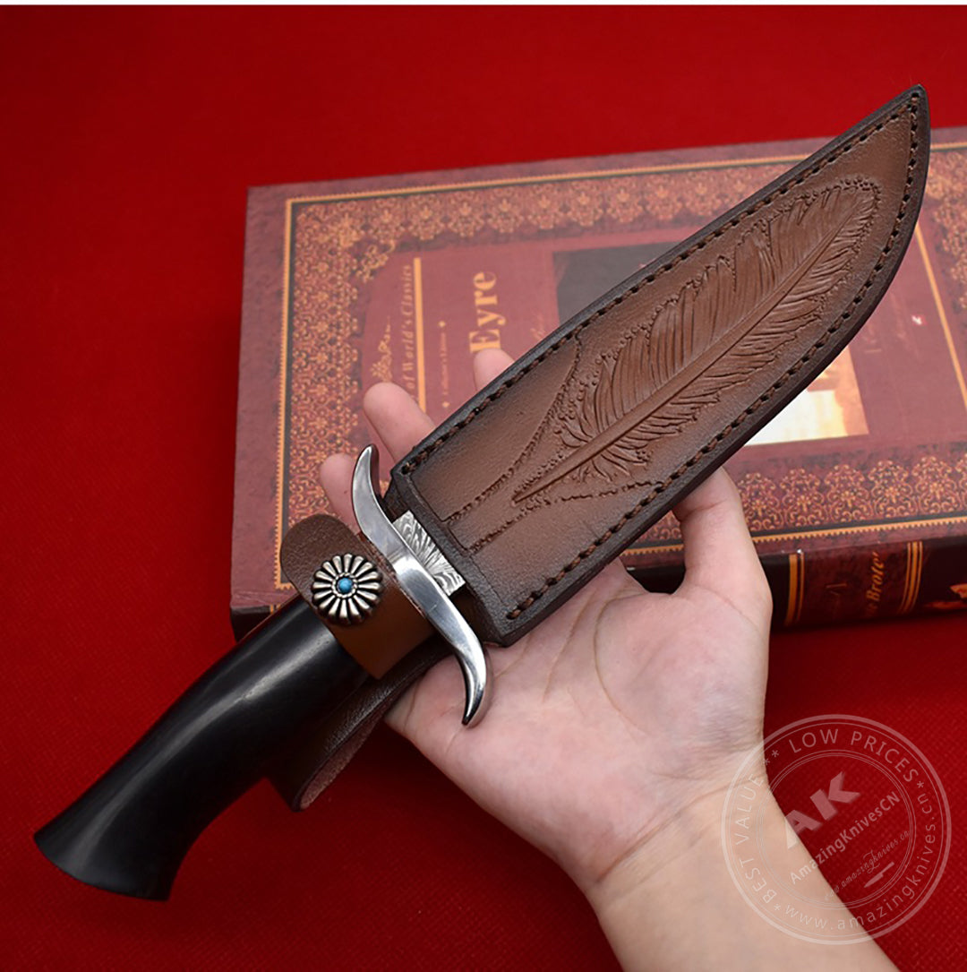 Stainless Steel Hunting Knife Feather Pattern Survival Fixed Blade Bowie - AK-HT0498-B