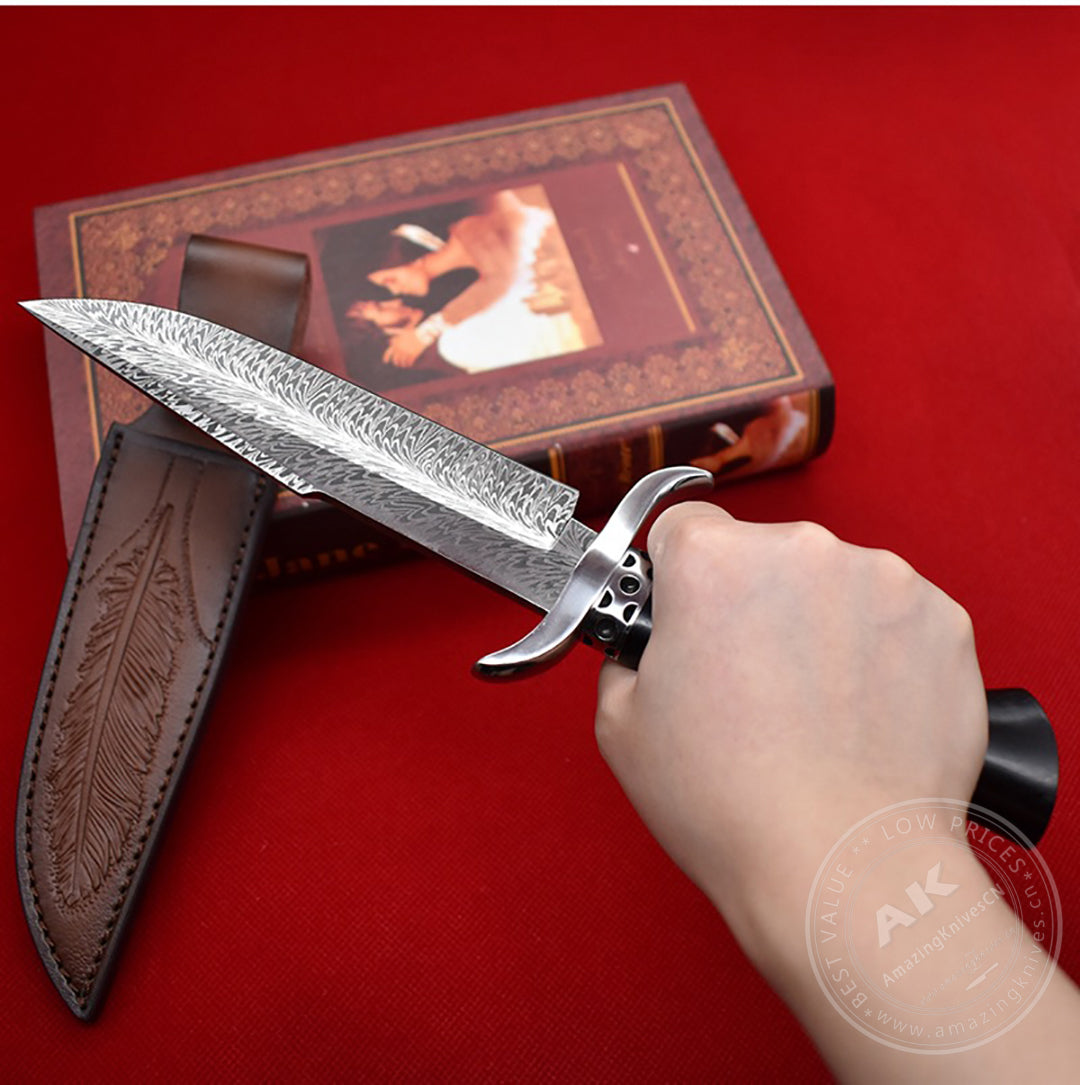 Stainless Steel Hunting Knife Feather Pattern Survival Fixed Blade Bowie - AK-HT0498-B