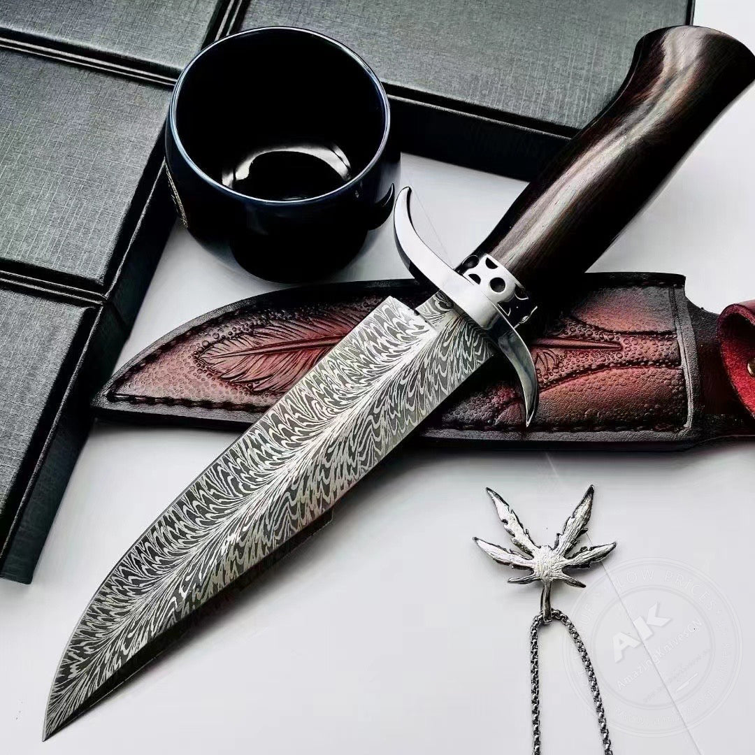 Stainless Steel Hunting Knife Feather Pattern Survival Fixed Blade Bowie - AK-HT0498-B