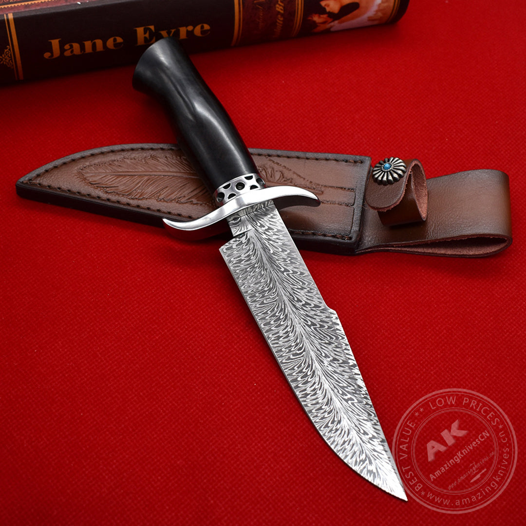 Stainless Steel Hunting Knife Feather Pattern Survival Fixed Blade Bowie - AK-HT0498-B