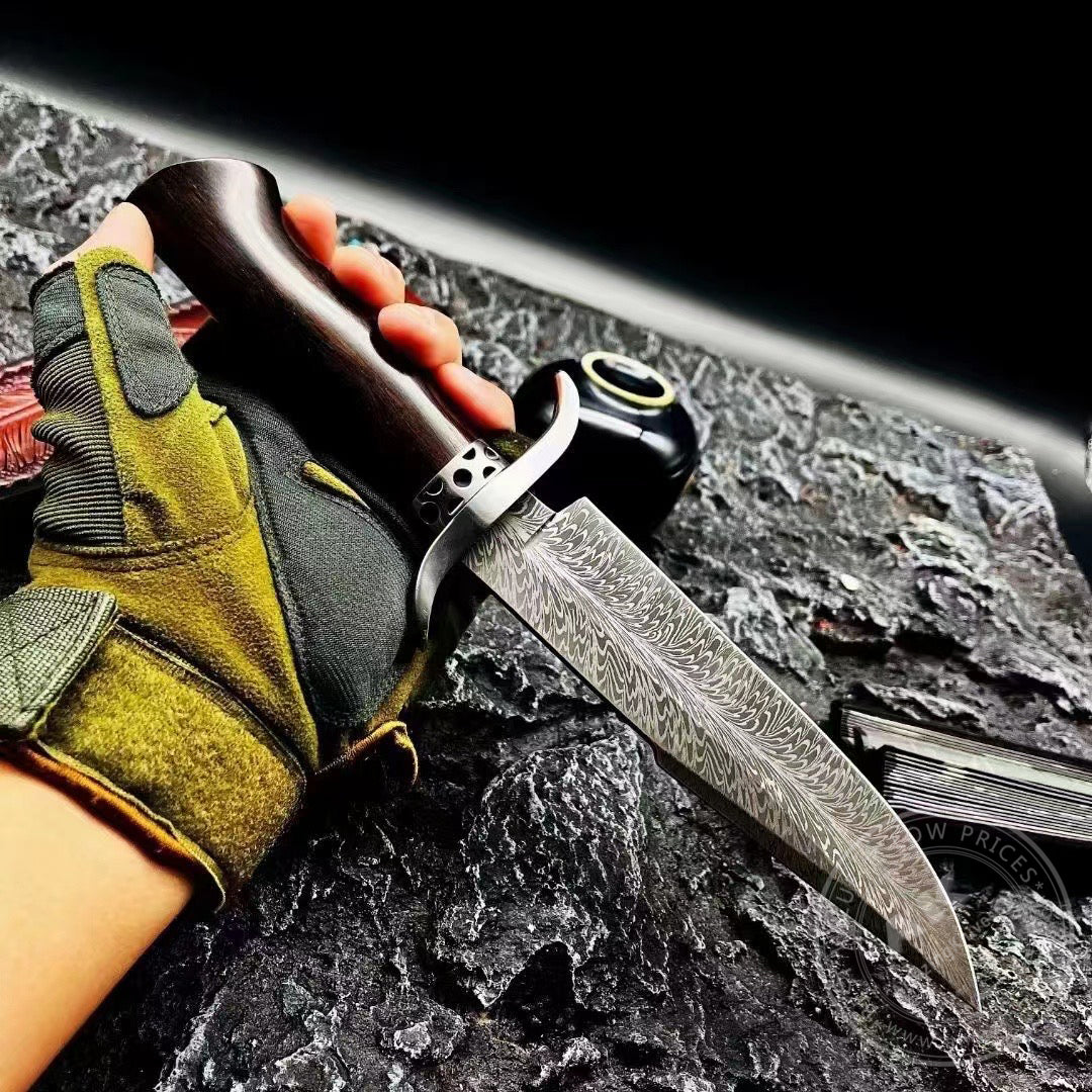 Stainless Steel Hunting Knife Feather Pattern Survival Fixed Blade Bowie - AK-HT0498-B