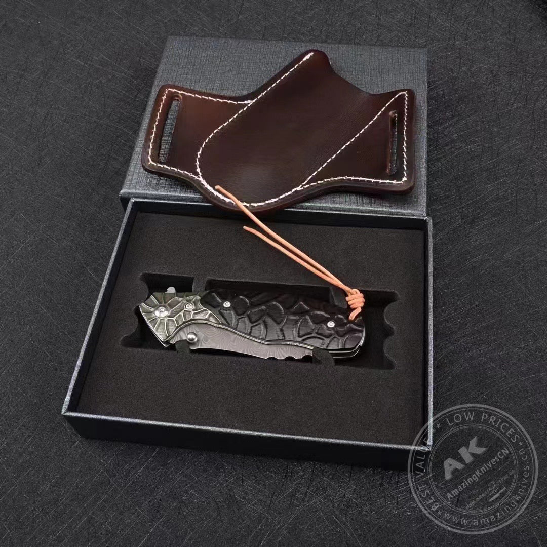 110 Layers Damascus Steel Folding Knife Camping Rescue Pocket Knife w/ Sheath EDC - AK-HT0796