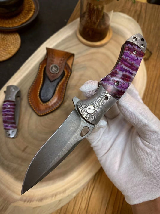 Collectible Luxury Handmade Wootz Steel Damacus Folding Knife with Sheath-AK-HT0797