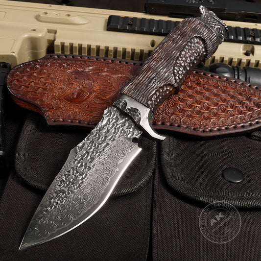 Vg10 Hunting Knife Fixed Blade Damascus Steel Handcrafted Owl Head -AK-HT0810
