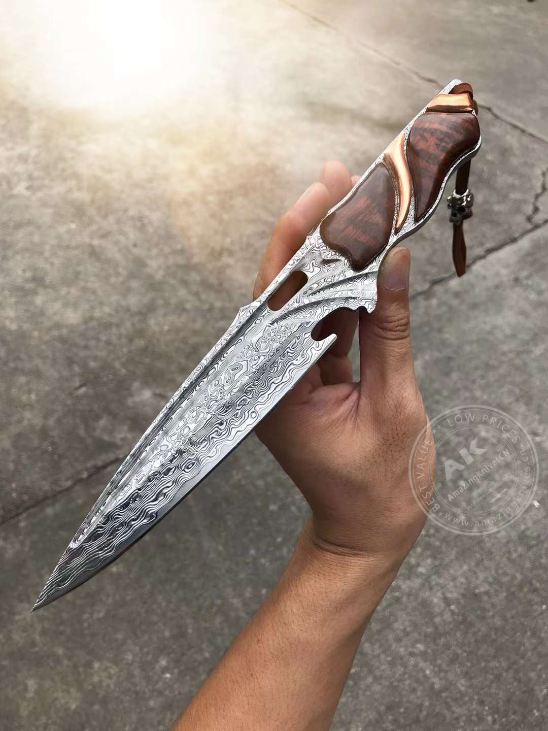 Japanese VG10 Damascus Steel Survival Hunting Knife Tactical Blood Grooved Full Tang - AK-HT0302