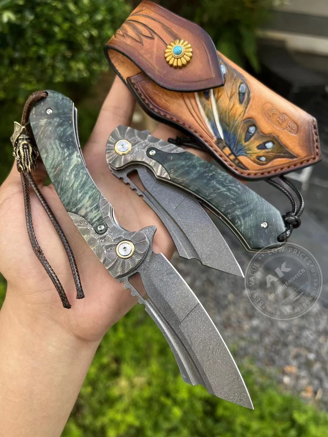 Tactical Wootz Steel Folding Knife Flipper Ball Bearings with Sheath - AK-HT0744-WZ