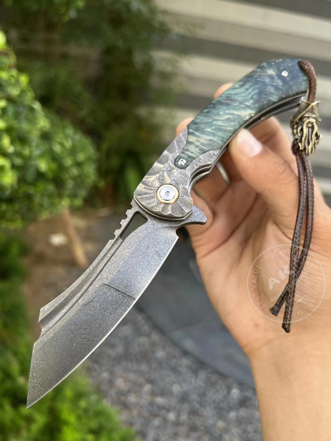 Tactical Wootz Steel Folding Knife Flipper Ball Bearings with Sheath - AK-HT0744-WZ