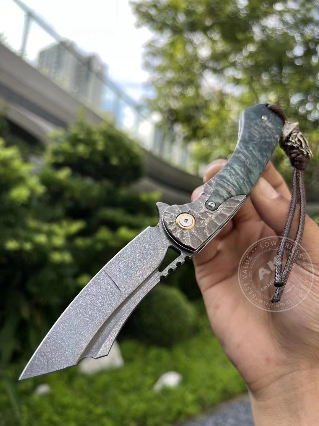 Tactical Wootz Steel Folding Knife Flipper Ball Bearings with Sheath - AK-HT0744-WZ