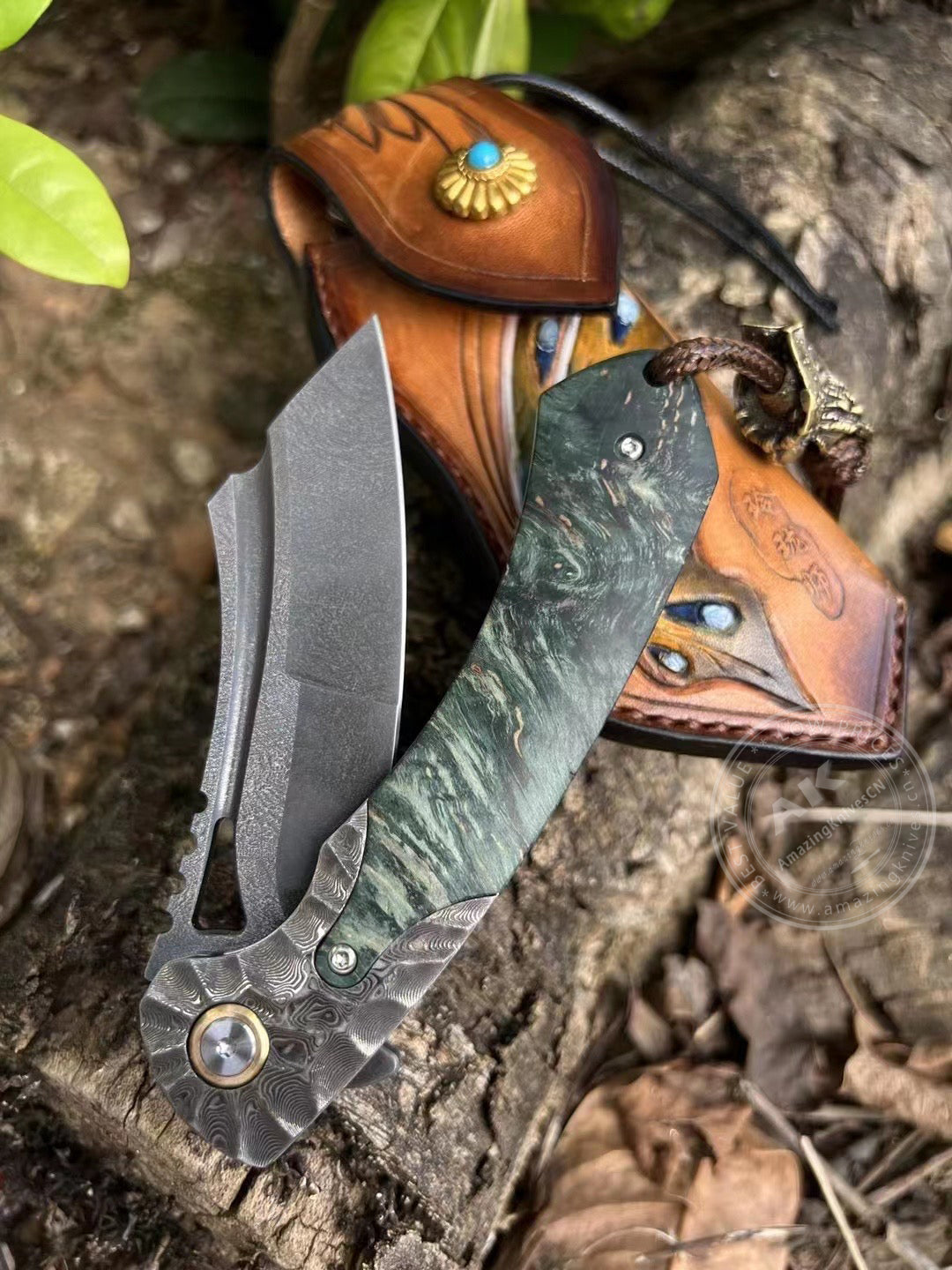 Tactical Wootz Steel Folding Knife Flipper Ball Bearings with Sheath - AK-HT0744-WZ