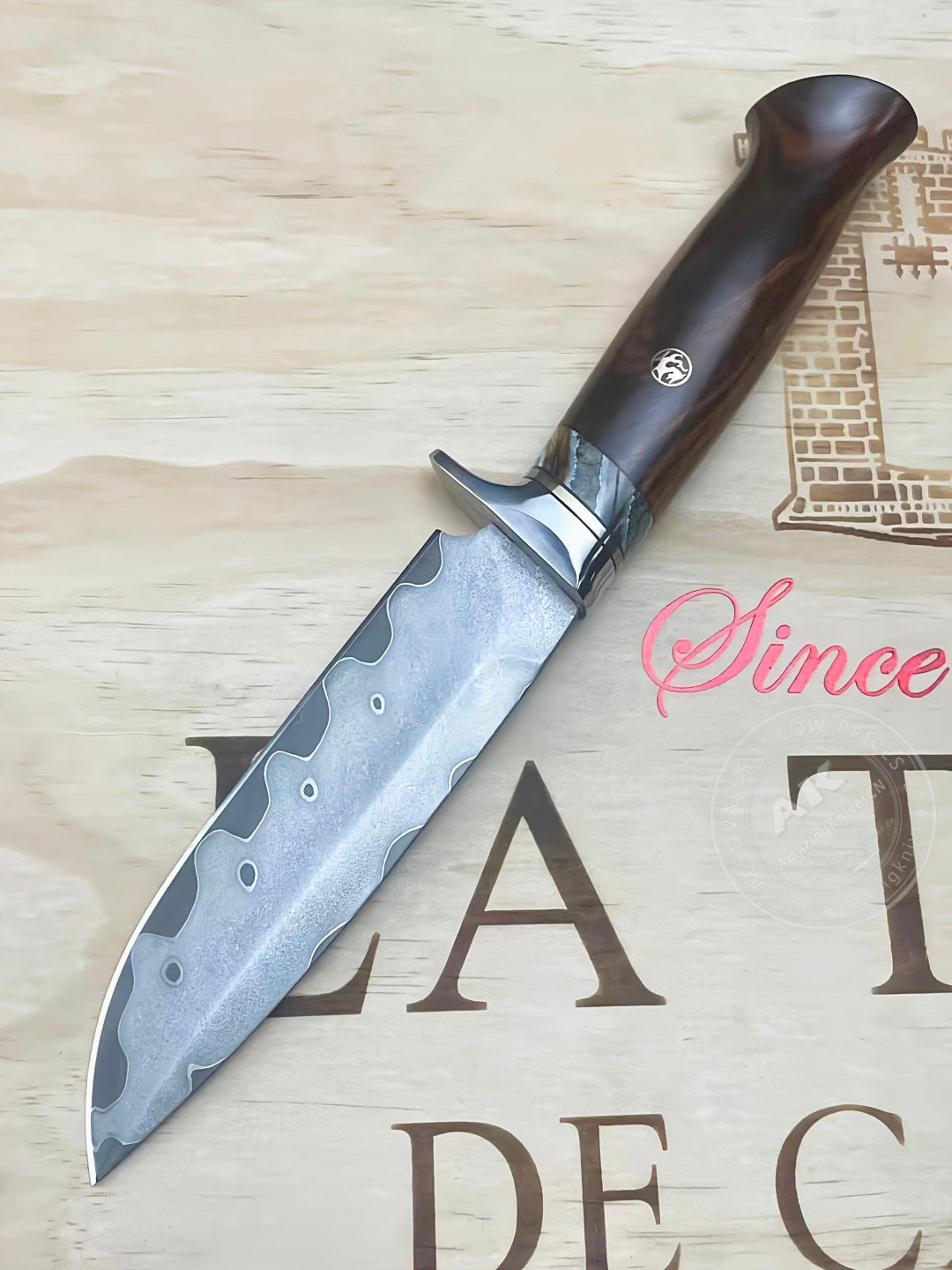 Rare Handforged Damascus Steel Ironwood Straight Hunting Outdoor Knife with Sheath- AK-HT0652