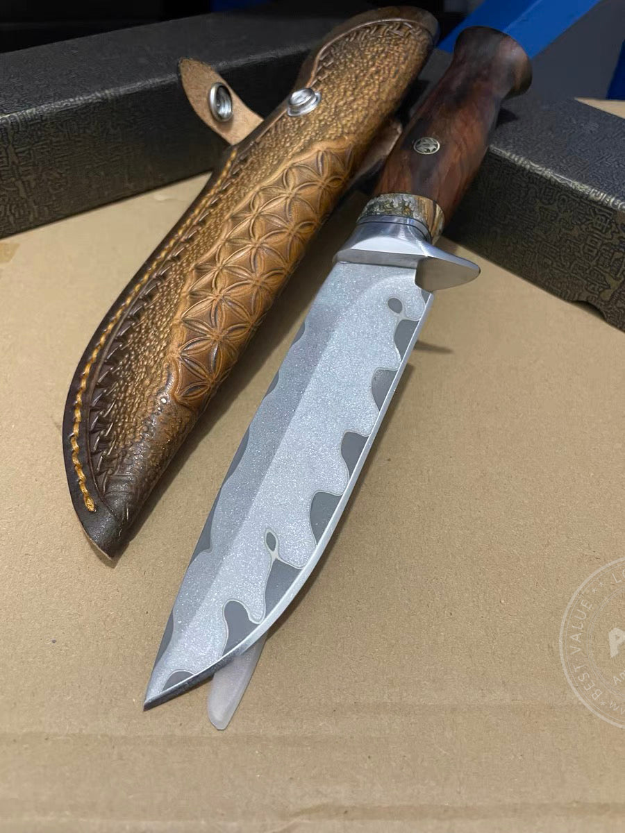 Rare Handforged Damascus Steel Ironwood Straight Hunting Outdoor Knife with Sheath- AK-HT0652