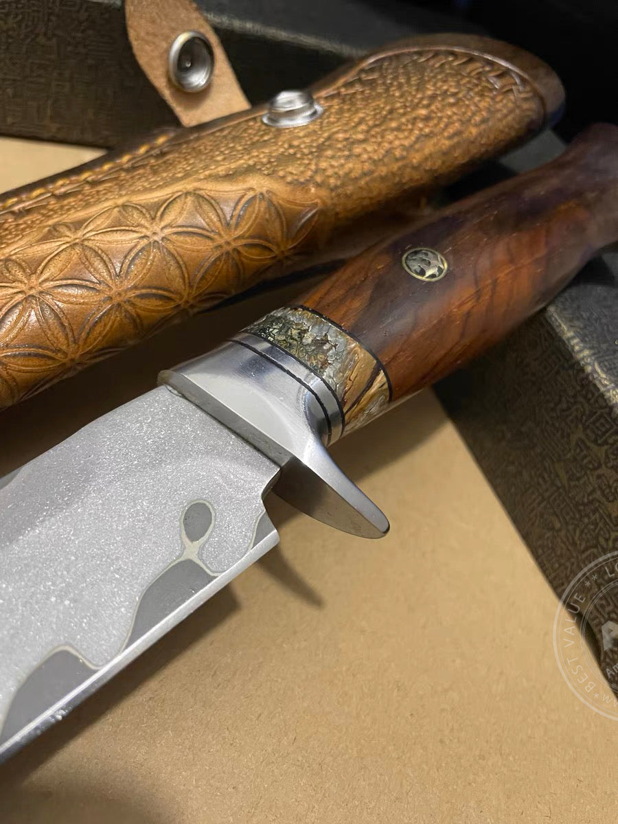 Rare Handforged Damascus Steel Ironwood Straight Hunting Outdoor Knife with Sheath- AK-HT0652